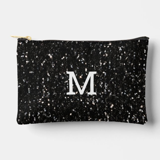 Schwarzweiß glänzende Glitzer Glitzern Monogram Zubehörtasche (Vorderseite)