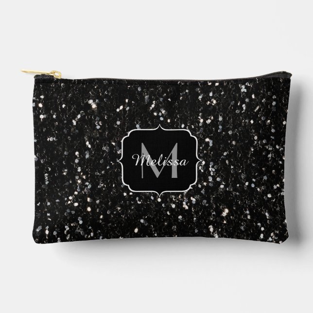 Schwarzweiß glänzende Glitzer Glitzern Monogram Zubehörtasche (Vorderseite)