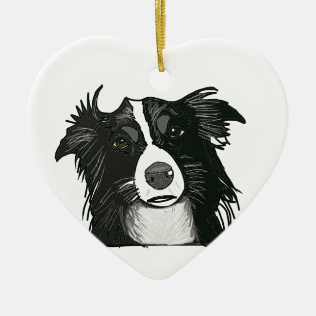 Schwarzweiss-Grenzcollie-Keramik-Herz Keramik Ornament (Vorne)
