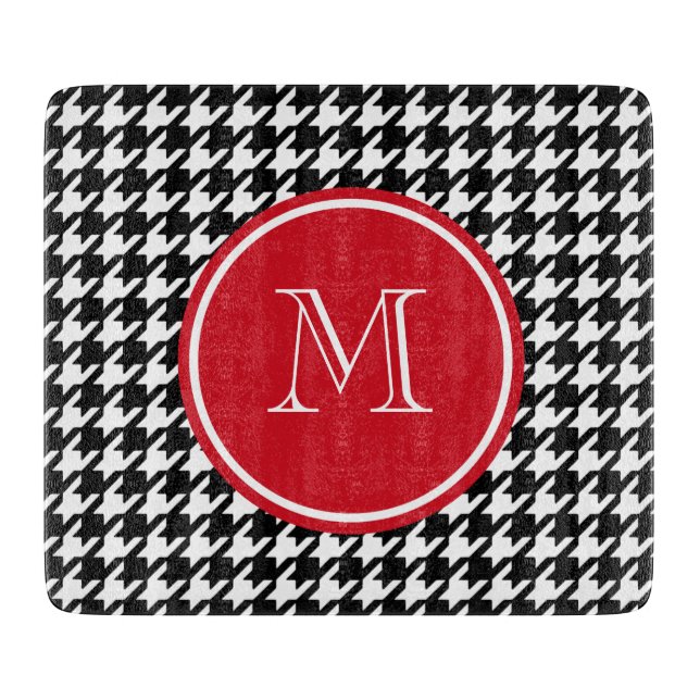 Schwarzweiss-Hahnentrittmuster-Rot-Monogramm Schneidebrett (Vorderseite)