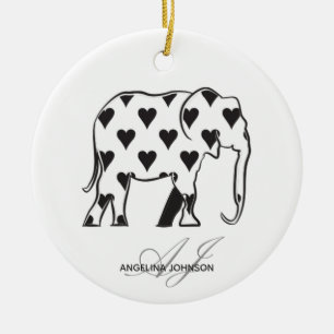Schwarzweiss-Herz-Muster-Elefant mit Monogramm Keramik Ornament