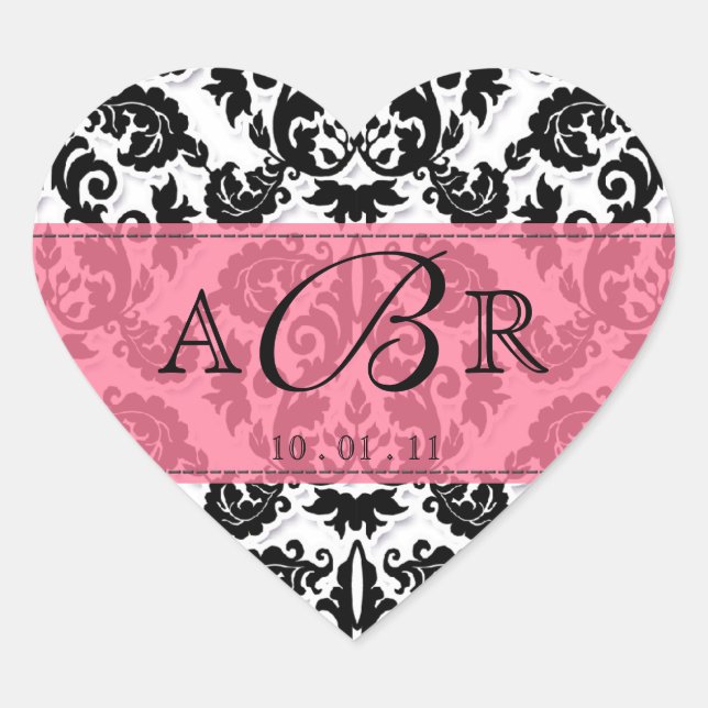 Schwarzweiß in Hot Pink Fleur de Lis Damask Aufkle Herz-Aufkleber (Vorderseite)
