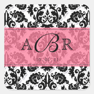 Schwarzweiß in Hot Pink Fleur de Lis Damask Aufkle Quadratischer Aufkleber