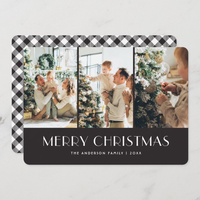 Schwarzweiß-Karierte Foto Collage Weihnachtskarten Feiertagskarte (Vorne/Hinten)