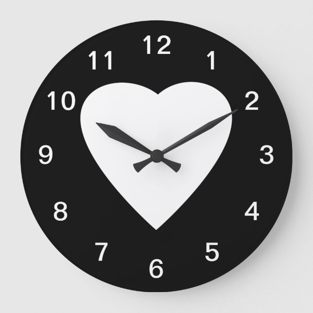 Schwarzweiss-Liebe-Herz-Entwurf Große Wanduhr (Vorderseite)