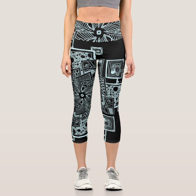 Schwarzweiß-Liniendesign Capri Leggings (Vorderseite)