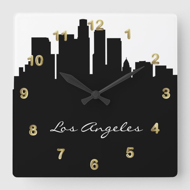 Schwarzweiss-Los Angeles-Skyline Quadratische Wanduhr (Vorderseite)