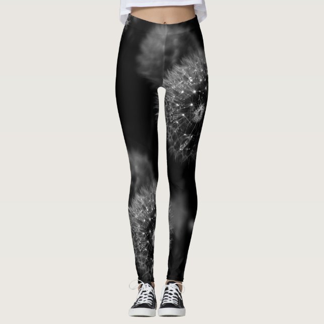 Schwarzweiss-Löwenzahn-Druck-Leggings Leggings (Vorderseite)