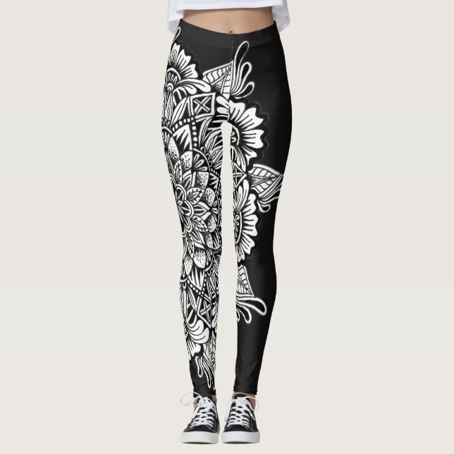 Schwarzweiss-Mandala Leggings (Vorderseite)