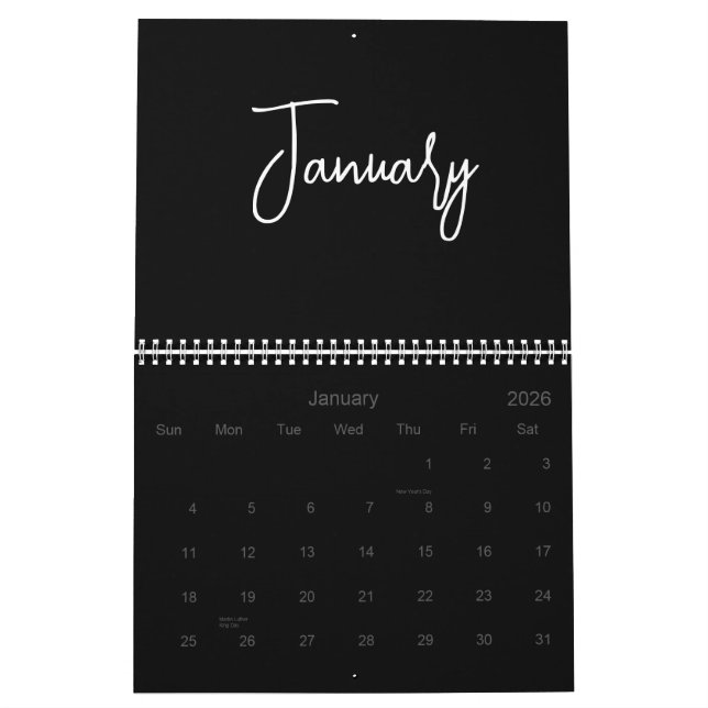 Schwarzweiß-Minimalistische, einfache Skripte jede Kalender (Jan 2026)