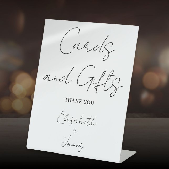 Schwarzweiß-Minimalistische Skriptkarten und -gesc Sockelschild (Black And White Minimalist Script Cards And Gifts Pedestal Sign)