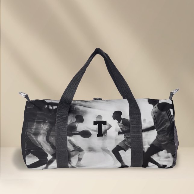 Schwarzweiß-Mit Monogramm Basketball Duffle Bag (Personalized Monogram, Black and white Sport, basketball Duffel Bag.)