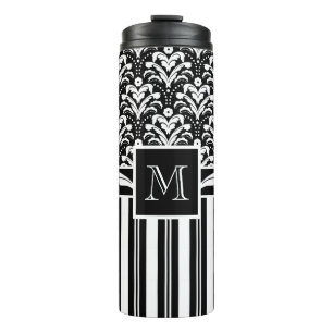 Schwarzweiss-Monogramm-Retro Blumendamast Thermosbecher