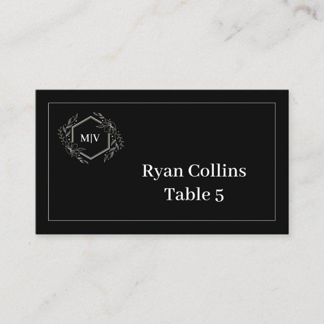 Schwarzweiß-Monogramm-Wappen-Platzkarten Platzkarte (Vorderseite)