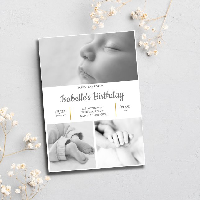 Schwarzweiß Niedlich 1. Geburtstag Party Einladung (Von Creator hochgeladen)