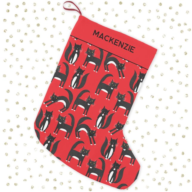 Schwarzweiß Niedlich Tuxedo Kitty Red Personalisie Kleiner Weihnachtsstrumpf (Black and white tuxedo cat pattern personalized custom name red Christmas stocking)
