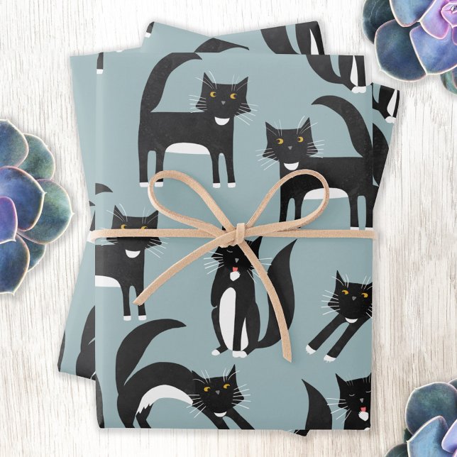 Schwarzweiß Niedliche Tuxedo Kitty Cats Muster Geschenkpapier Set (Black and white tuxedo cat patterned gift wrap paper)