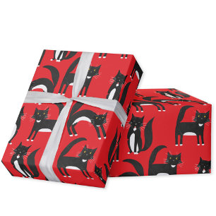 Schwarzweiß Niedliche Tuxedo Kitty Red Pattern Geschenkpapier