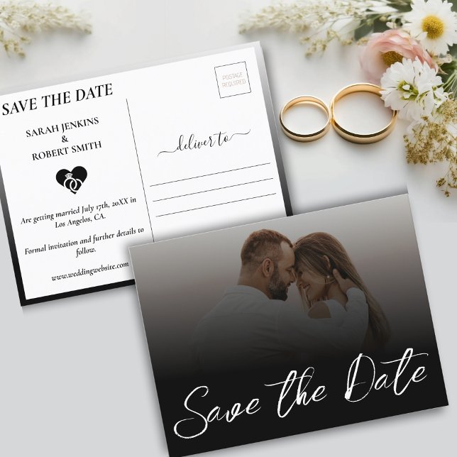 Schwarzweiß-Ombre-Foto Hochzeit speichern Sie das  Ankündigungspostkarte (Black & White Ombre Photo Wedding Save The Date Announcement Postcard)