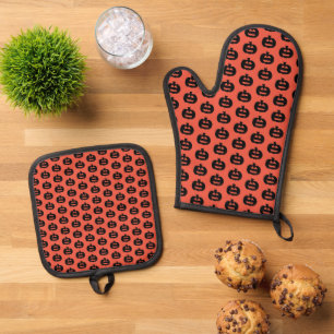 Schwarzweiß-Orange-Jack-Olantern-Print Ofenhandschuh & Topflappen-Set