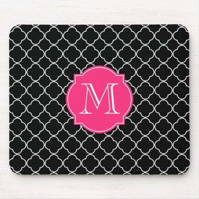 Schwarzweiss-Quatrefoil mit Monogramm Mousepad (Vorne)
