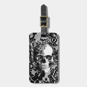 Schwarzweiss-Rosenschädel auf Spitzehintergrund Gepäckanhänger