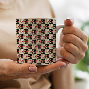 Schwarzweiß-Schachbrett Floral Pink einzigartig Kaffeetasse