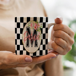 Schwarzweiß-Schachtel rosa Floral-Monogramm Kaffeetasse