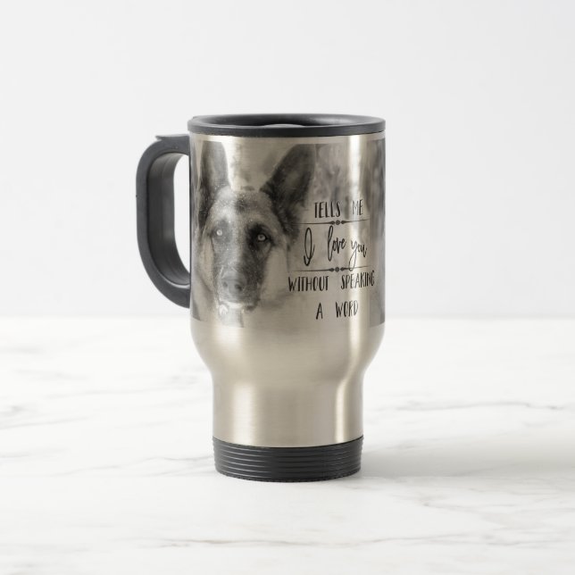 Schwarzweiss-Schäferhund-Typografie-Tasse Reisebecher (Vorderseite Links)