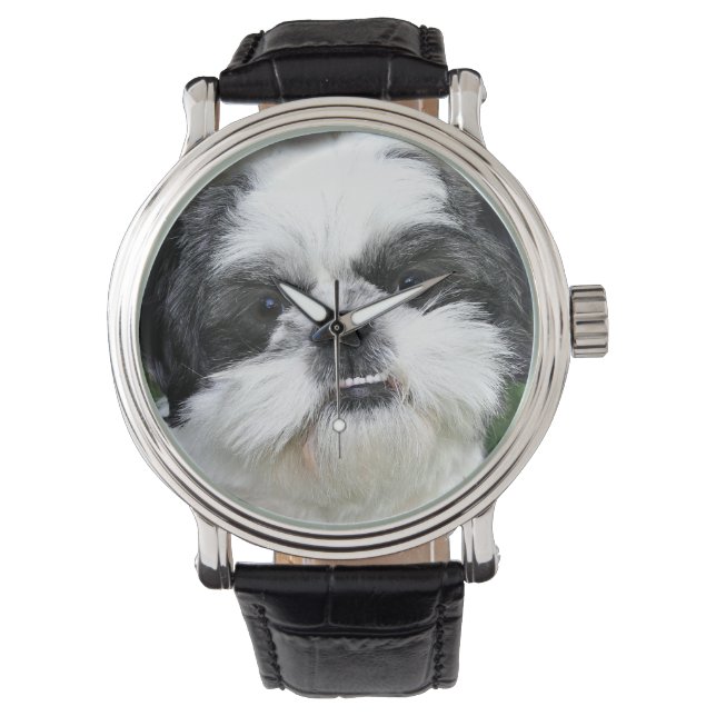 Schwarzweiß Shih Tzu Armbanduhr (Vorderseite)