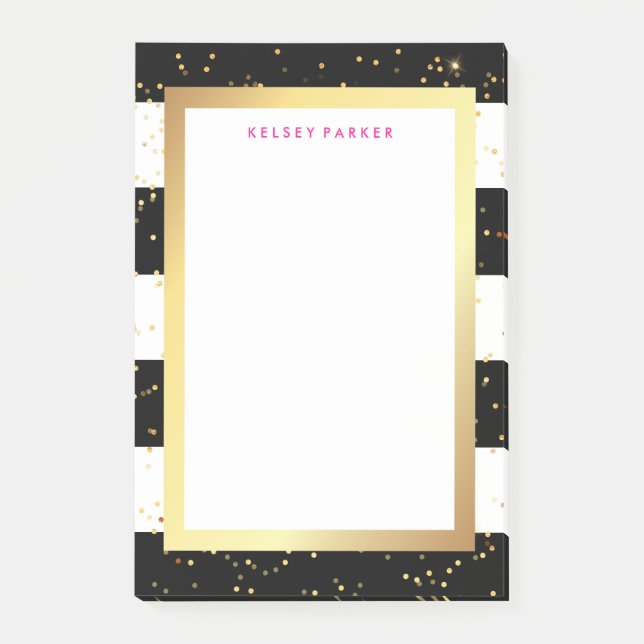 Schwarzweiss-Streifen mit Imitat-Gold und Rosa Post-it Klebezettel (Vorderseite)