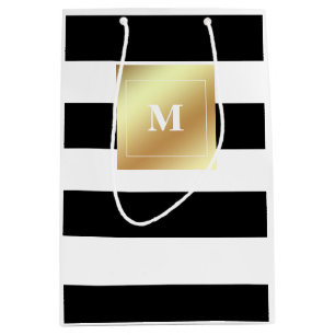 Schwarzweiss-Streifen mit Imitat-Goldmonogramm Mittlere Geschenktüte