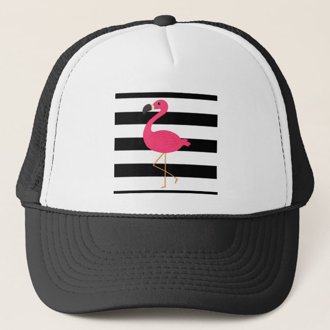 Schwarzweiss-Streifen-Rosa-Flamingo Truckerkappe (Vorderseite)