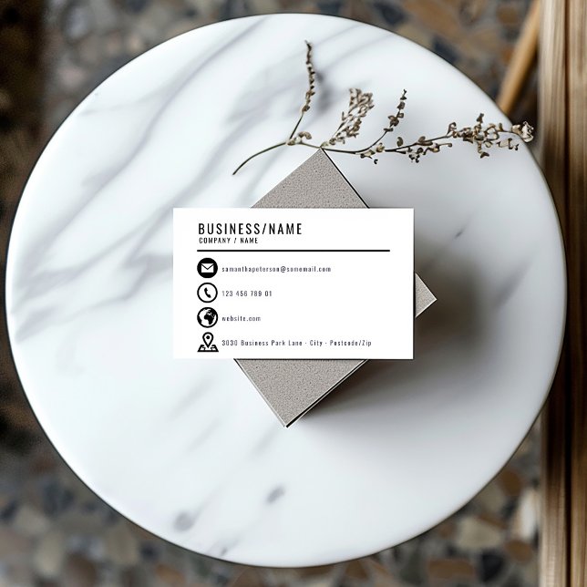 Schwarzweiß-Symbole - Visitenkarte (Minimalist black and white business card with bold contact icons and modern layout.)