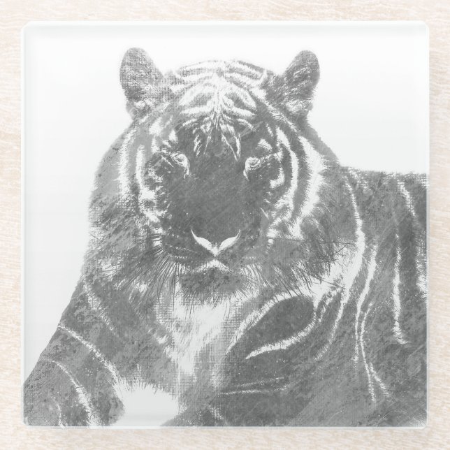 Schwarzweiß-Tiger Glasuntersetzer (Vorderseite)