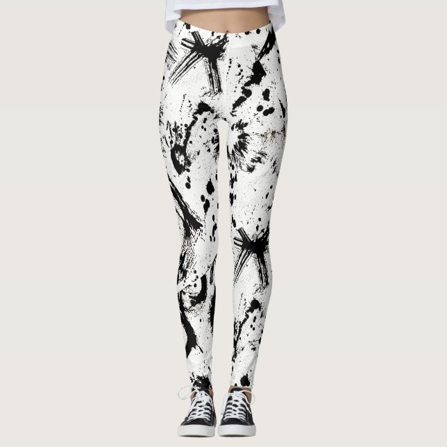 Schwarzweiss-Tinten-Spritzer-abstrakte Kunst Leggings (Vorderseite)