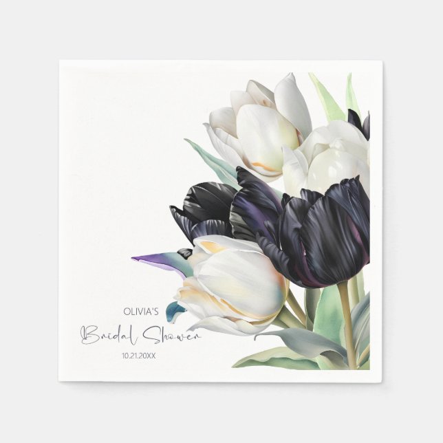 Schwarzweiß-Tulpen-Brautparty Serviette (Vorderseite)