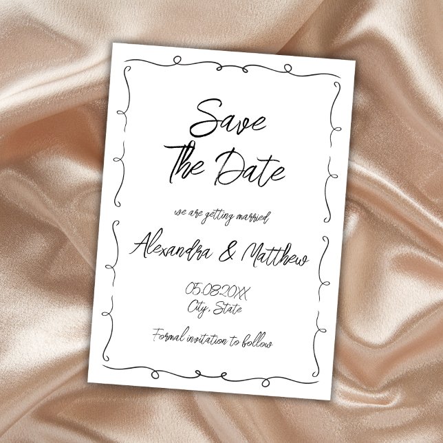 Schwarzweiß und Weiß, handgezogen Save The Date (hand drawn whimsical black and white wedding save the date card hand lettered funky)