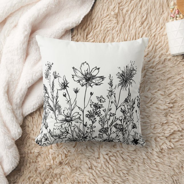 Schwarzweiß-Wildblumen Kissen (Decke)