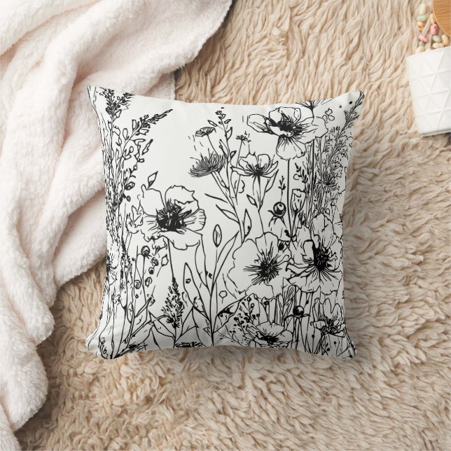 Schwarzweiß-Wildblumen Kissen (Decke)
