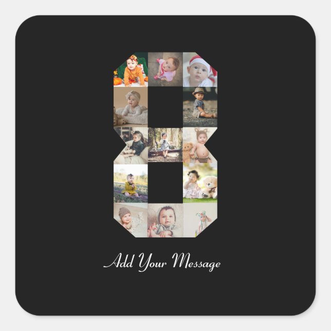 Schwarzweiß-Zahl 8-FotoCollage Quadratischer Aufkleber (Vorderseite)