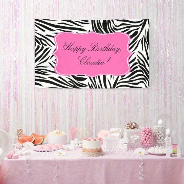Schwarzweiß-Zebra-Print mit Hot Rosa zum Geburtsta Banner (Party)