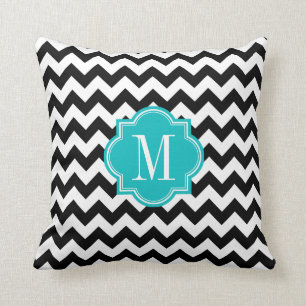 Schwarzweiss-Zickzack mit aquamarinem Monogramm Kissen