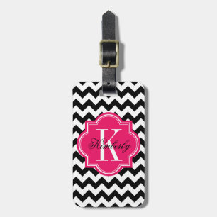 Schwarzweiss-Zickzack mit heißes Rosa-Monogramm Gepäckanhänger