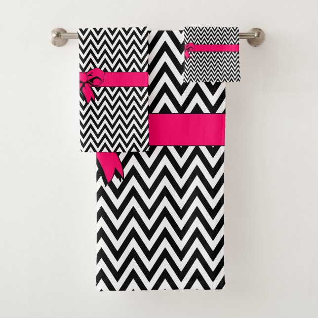 Schwarzweiß Zickzack mit Hot Pink Bow Badhandtuch Set (Insitu)