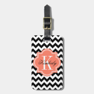 Schwarzweiss-Zickzack mit korallenrotem Monogramm Gepäckanhänger