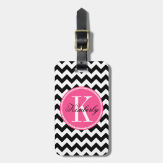 Schwarzweiss-Zickzack mit rosa Monogramm Gepäckanhänger