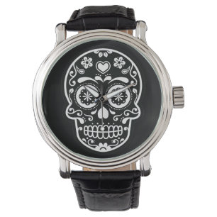 Schwarzweiss-Zuckerschädel-Herz Armbanduhr