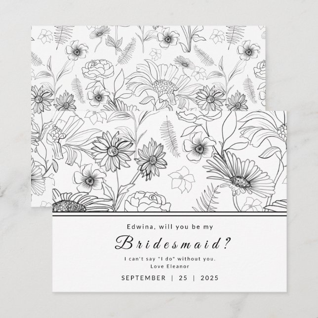 Schwarzweißbild-Blume-Design: Meine Bridesmaid Einladung (Vorne/Hinten)