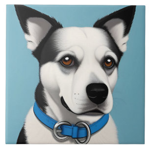 Schwarzweißer Hund mit blauem Halsband Fliese